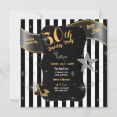 30. Geburtstag Party Black Stripes Gold Stiletto's Einladung (Vorderseite)