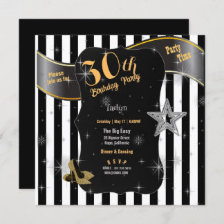30. Geburtstag Party Black Stripes Gold Stiletto's Einladung