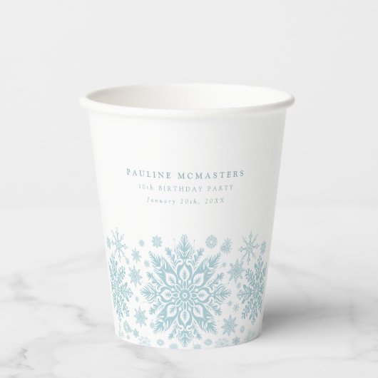 30. Geburtstag Party Blaues Weißes Schneeflocken C Pappbecher (Vorderseite)