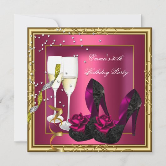 30. Geburtstag Party Dunkelrosa Goldschwarz Einladung (Vorderseite)