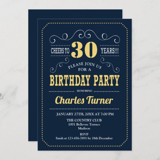 30. Geburtstag Party - Navy Gold Einladung (Vorne/Hinten)