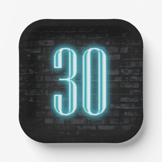 30. Geburtstag Party Neon Sign auf Brick Pappteller (Vorderseite)