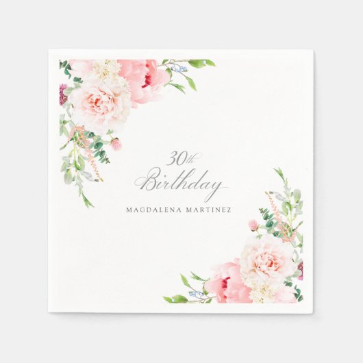 30. Geburtstag Party Rosa Blumencocktail Serviette (Vorderseite)