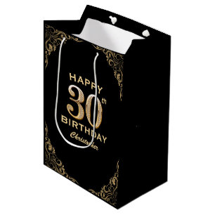 30. Geburtstag Party Schwarz und Gold Glitzer Rahm Mittlere Geschenktüte