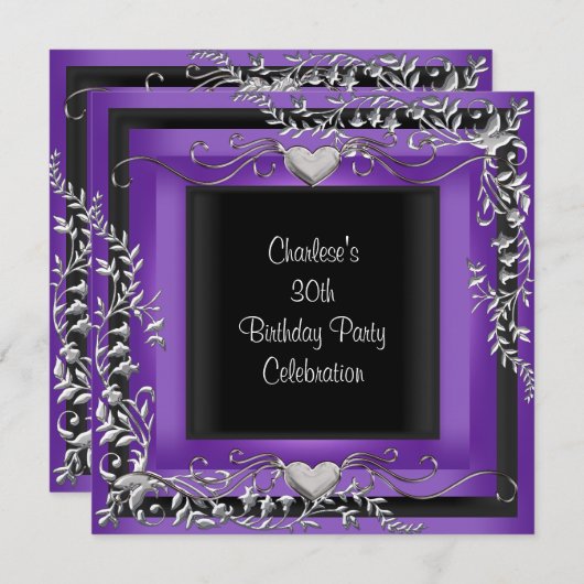 30. Geburtstag Party Silber Lila Einladung (Vorne/Hinten)
