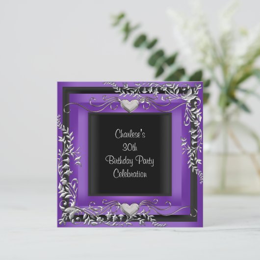 30. Geburtstag Party Silber Lila Einladung (Stehend Vorderseite)