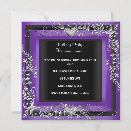 30. Geburtstag Party Silber Lila Einladung (Rückseite)