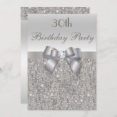 30. Geburtstag Party Silver Sequins, Bow & Diamond Einladung (Vorne/Hinten)