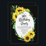 30. Geburtstag Party Sonnenblume | Eukalyptus Flor Einladung<br><div class="desc">Klassische und stilvolle moderne Sonnenblumen und Eukalyptus-Gemälde-Design "30. Geburtstag Party" auf einem bearbeitbaren schwarzen Hintergrund. Zurück befindet sich ein passender Sonnenblumenstrauß,  auch auf einem bearbeitbaren schwarzen Hintergrund.</div>