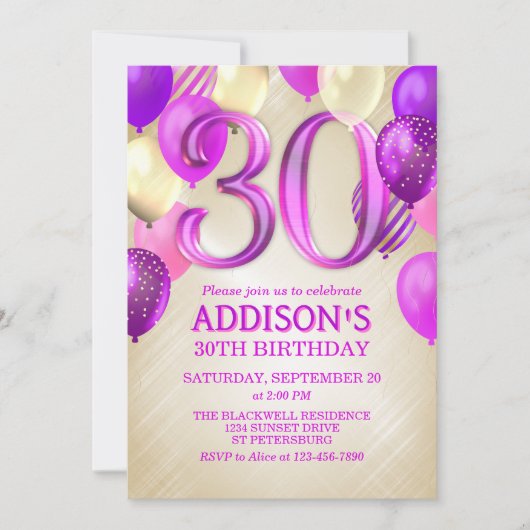 30. Geburtstag Pink Balloons Einladung (Vorderseite)