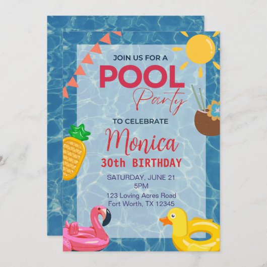 30. Geburtstag Pool Party Einladung (Vorne/Hinten)