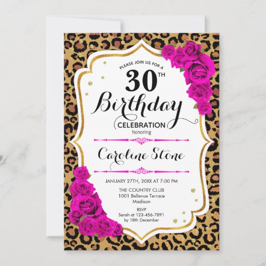 30. Geburtstag - Rosa Gold Leopard Print Einladung (Vorderseite)