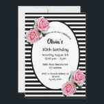 30. Geburtstag rosa Rosen auf Schwarz-weißen Strei Einladung<br><div class="desc">Klassische schwarz-weiße Streifen als Hintergrund. Rosa Rosen als Dekoration. Ein ovaler Rahmen mit Vorlagen für Ihre Party-Informationen. Eine mädchenhafte,  feminine und elegante 30. Geburtstagsfeier Party Einladung.</div>