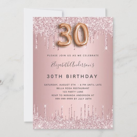 30. Geburtstag rosa staubige Rose Glitzer Tropfen Einladung (Vorderseite)