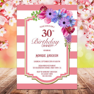 30. Geburtstag Rosa Streifen Lila florales Party Einladung