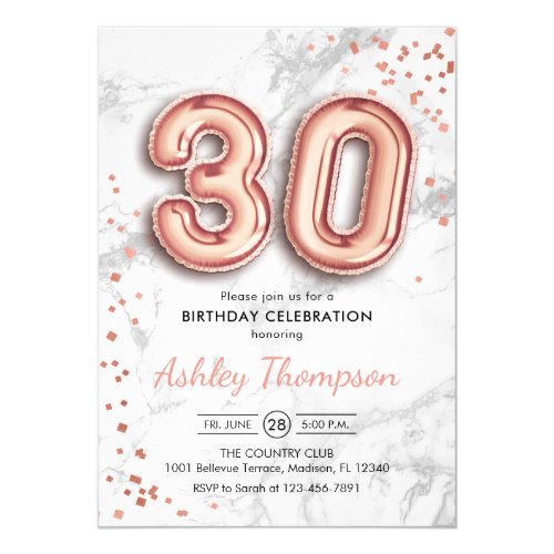 30 Geburtstag Rose Gold Balloons Marmoreffekt Einladung Meine Einladungskarten De