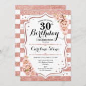 30. Geburtstag - Rose Gold Weiße Streifen Einladung (Vorne/Hinten)