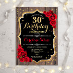 30. Geburtstag - Rote Rosen aus Holz Einladung<br><div class="desc">Einladung zum 30. Geburtstag. Rustikales Design mit Holzmöbeln und Imitaten Glitzer Gold. Enthält rote Rosen und stilvollen Script-Schriftart. Ideal für eine elegante Geburtstagsfeier.</div>