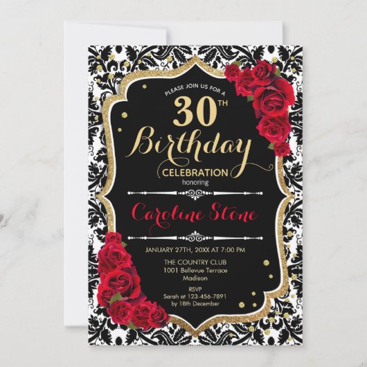 30. Geburtstag - Rote Rosen Gold Black Damask Einladung (Vorderseite)