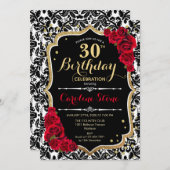 30. Geburtstag - Rote Rosen Gold Black Damask Einladung (Vorne/Hinten)