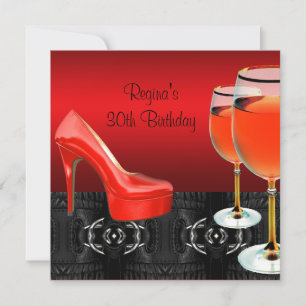 30. Geburtstag rote Schuhe hohe Absätze Weinglas Einladung