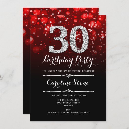 30. Geburtstag - Rotes Schwarzes Silber Einladung (Vorne/Hinten)