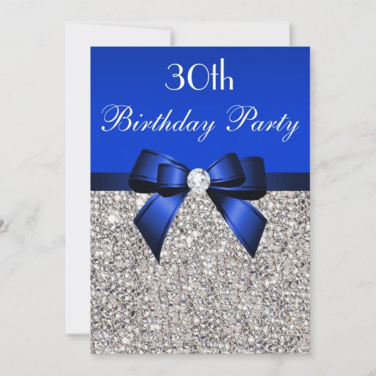 30. Geburtstag Royal Blue Bow Silver Sequins Einladung (Vorderseite)