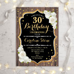 30. Geburtstag - Rustikale Holzrosen Einladung<br><div class="desc">Rustikale 30. Geburtstagseinladung. Elegantes Design mit dunkelbraunen Holzmustern,  weißen Rosen und Imitaten Glitzer Gold. Enthält Skript-Schriftart und Konfetti. Ideal für eine stilvolle Geburtstagsfeier. Passen Sie Ihre persönlichen Daten an.</div>