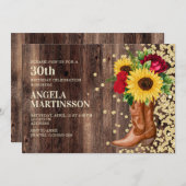30. Geburtstag Rustikale Stiefel Sonnenblumen Rote Einladung (Vorne/Hinten)