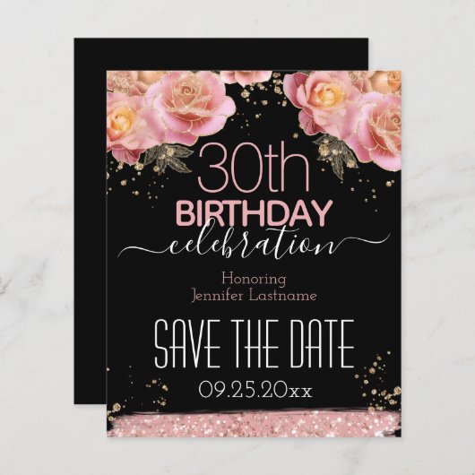 30. Geburtstag Save the Date rosa Blumenbudget (Vorne/Hinten)