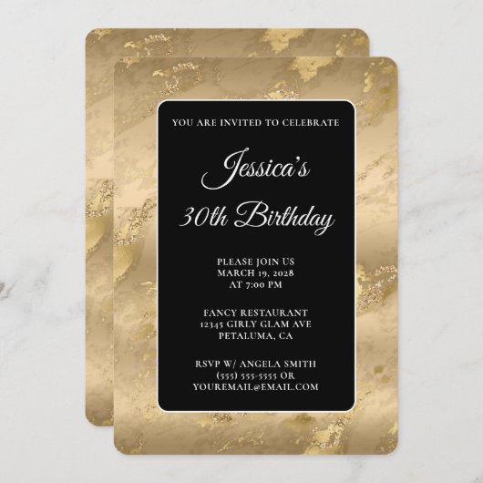 30. Geburtstag: Schwarz und Gold Einladung (Vorne/Hinten)