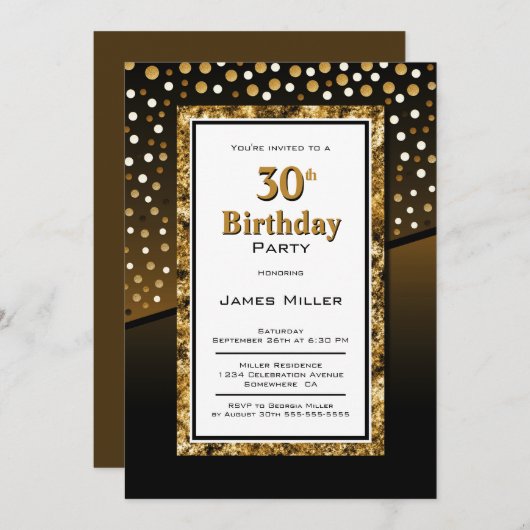 30. Geburtstag Schwarz und Gold Einladung (Vorne/Hinten)