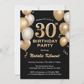 30. Geburtstag Schwarz und Gold Glitzer Ballons Einladung