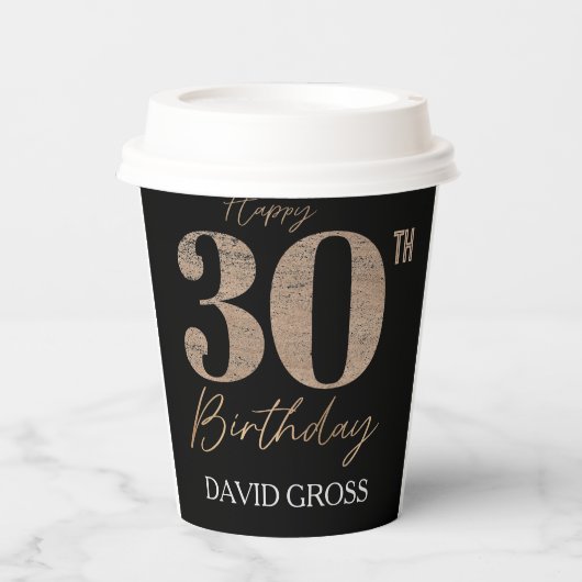 30. Geburtstag Schwarz und Gold Glitzer Pappbecher (Vorderseite)