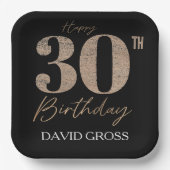 30. Geburtstag Schwarz und Gold Glitzer Pappteller (Vorderseite)