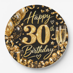 30. Geburtstag Schwarz und Gold Thema Pappteller