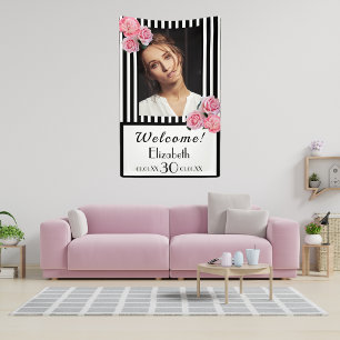 30. Geburtstag Schwarz-weiße Streifen Blume Foto Banner