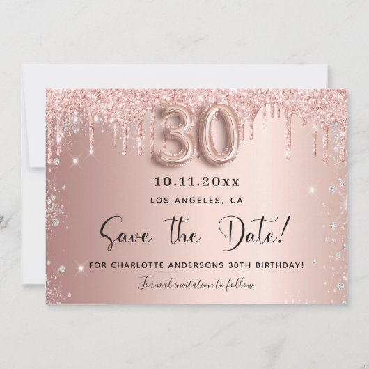 30. Geburtstag Schwarze Rose Gold Save the Date (Vorderseite)