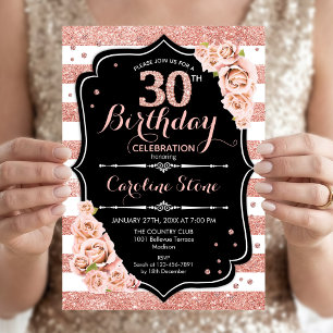 30. Geburtstag Schwarze Rose Gold und weiße Streif Einladung