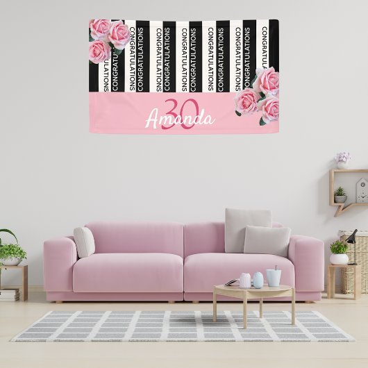 30. Geburtstag schwarze Streifen rosa Floralnamen Banner