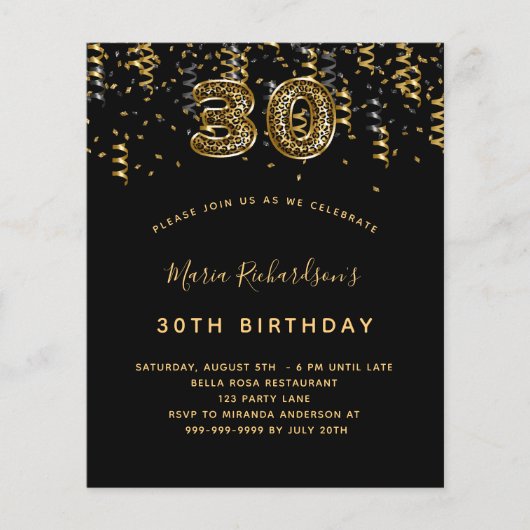 30. Geburtstag schwarzes Goldleopard-Party (Vorderseite)
