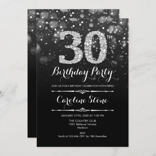 30. Geburtstag - Schwarzes Silber Einladung (Vorne/Hinten)
