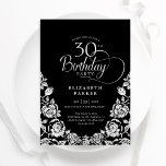 30. Geburtstag Schwarzes Silber Rose Einladung<br><div class="desc">Schwarz silber elegant 30. Geburtstag Party Einladung. Klassisches Design mit Rose,  Imitaten Silberfolie und Typografie Script Schriftart. Die trendige Einladungskarte eignet sich perfekt für eine stilvolle Damenfeier. Personalisieren Sie Ihre persönlichen Daten. Kann für jedes Alter angepasst werden. Gedruckte Zazzle-Einladungen oder Sofortdownload digitaler Druckvorlage.</div>