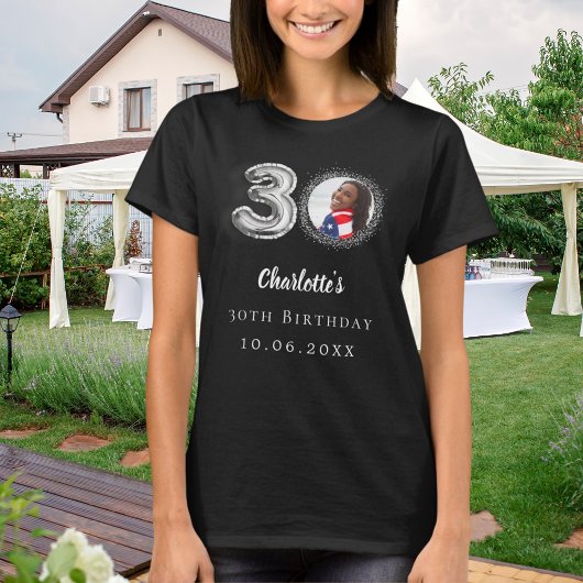 30. Geburtstag schwarzes silbernes Foto T-Shirt