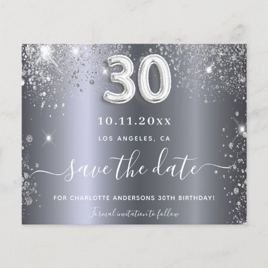 30. Geburtstag Silber Glitzer Save the Date Karte (Vorderseite)