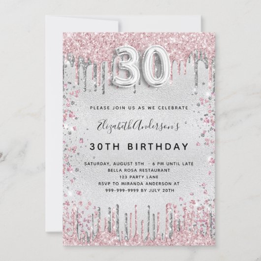 30. Geburtstag silber pink Einladung (Vorderseite)