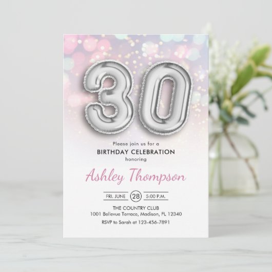 30. Geburtstag - Silberballons Rosa Lichter Einladung (Stehend Vorderseite)