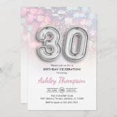 30. Geburtstag - Silberballons Rosa Lichter Einladung (Vorne/Hinten)