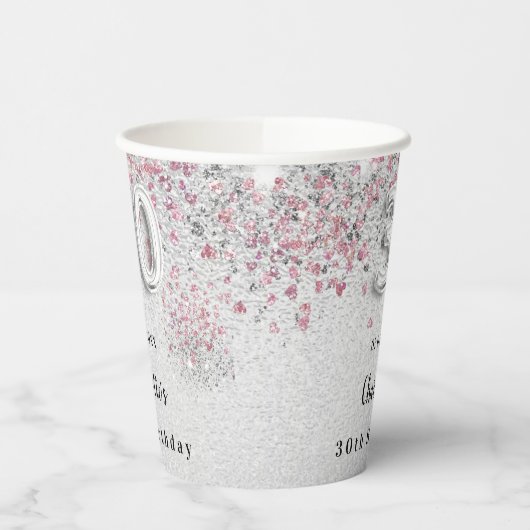30. Geburtstag Silberrosa Name Pappbecher (Links)