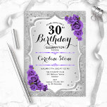 30. Geburtstag - Silberstreifen Lila Rose Einladung<br><div class="desc">Einladung zum 30. Geburtstag. Elegantes Blumendesign in Silber und lila. Features Imitate Glitzer silberne Streifen,  lila Rose stilvolle Skript-Schriftart und Konfetti. Ideal für eine gläserne Geburtstagsfeier.</div>